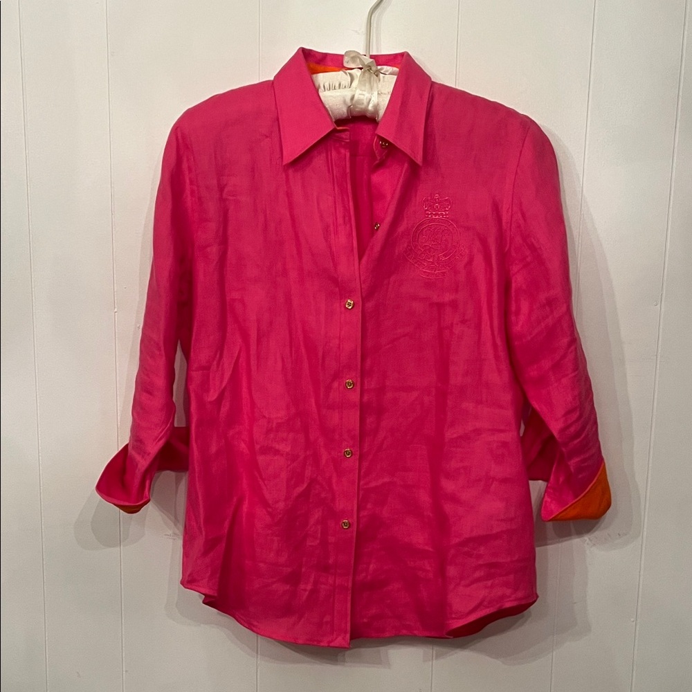Ralph Lauren Hot Pink Button-Down Shirt with Orange Cuff Detail